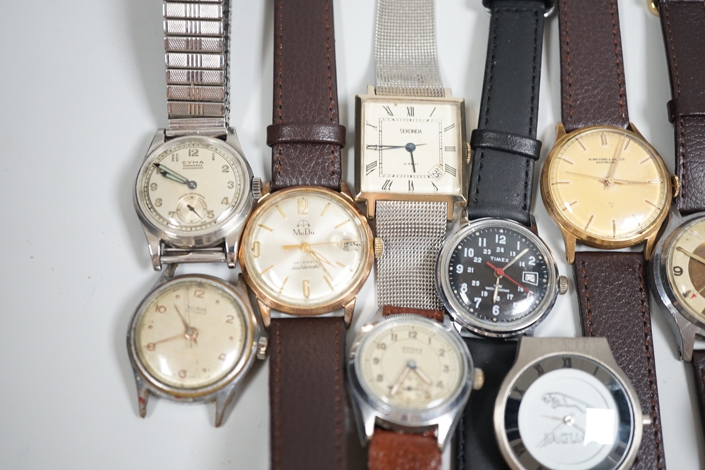 A collection of twelve assorted mainly gentleman's wrist watches, including Cyma, Sekonda and Timex.